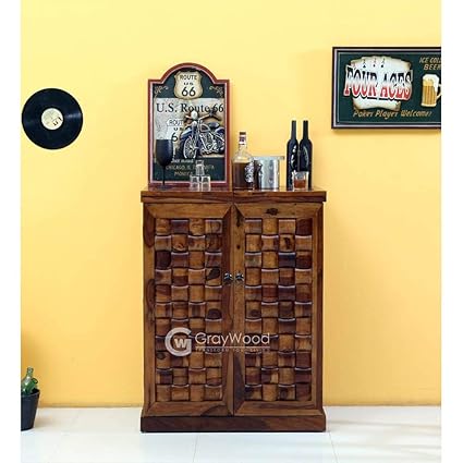 RjKart Sheesham Wood Wine Storage Bar Cabinet for Home with Glass Storage (Honey)