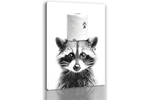 Framed Funny Bathroom Wall Art Animal Black And White Raccoon in Towel Cute Canvas Print for Bathroom (A008, 30x40 cm, Framed