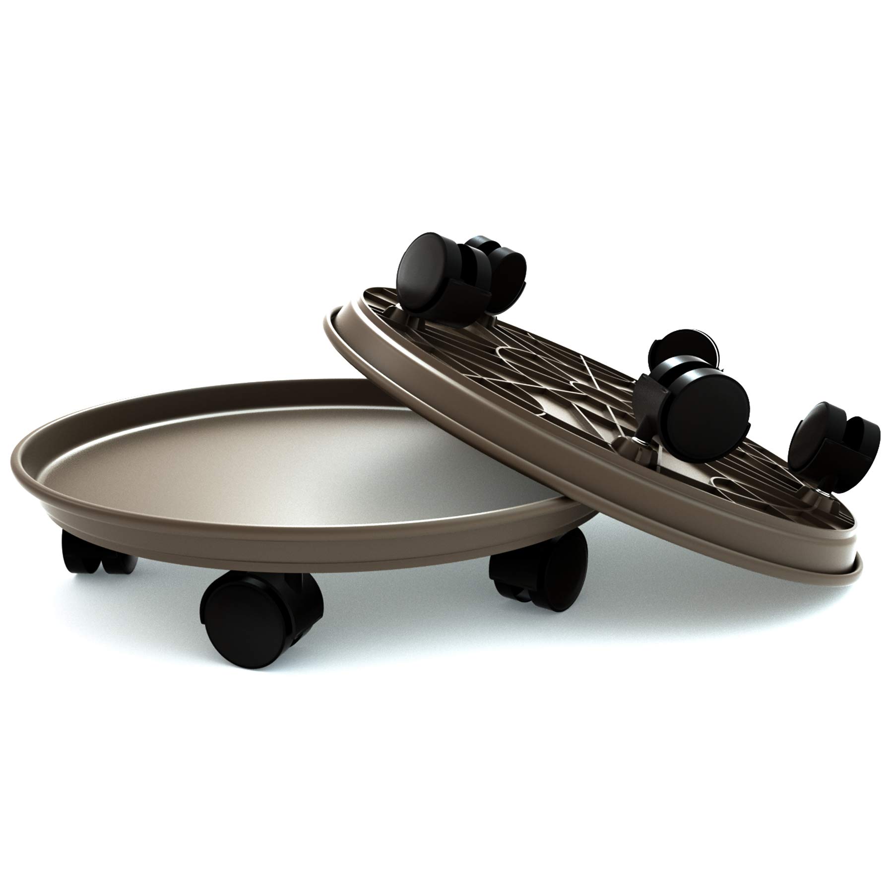 Coadura 14" Plant Caddy with Wheels, 2 Pack Heavy Duty Round Plant Pot Mover Dolly Tray, 36cm Rolling Plant Stand Trolley Pallet for Indoor Outdoor Home Garden (Brown)