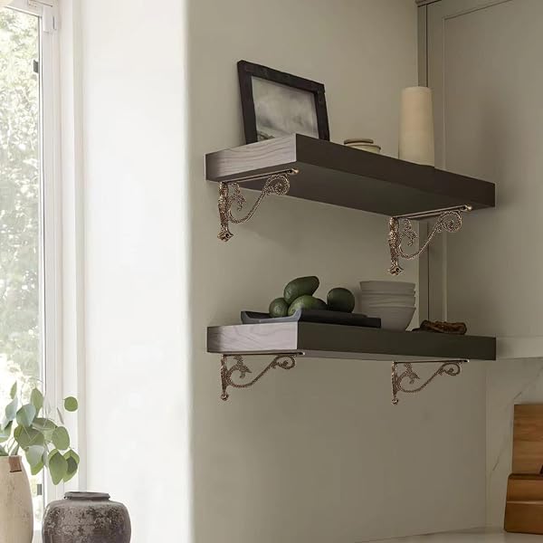 CABDM DECORATIVE SHELF BRACKET 10 INCH, ANTIQUE BRASS HAMMERED SHELF BRACKETS FOR SHELVING, HEAVY DUTY VINTAGE, DIY PROJECTS, HARDWARE INCLUDED, 4 PACK