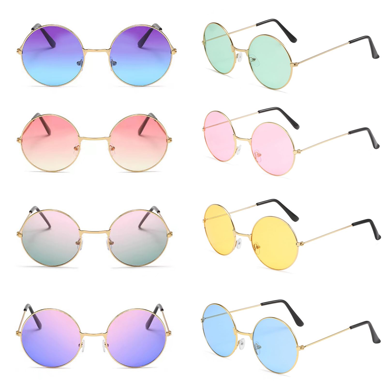 MOSNOW 8pcs Hippy Specs Sunglasses,Coloured Sunglasses 60's 70's Style,Round Retro Sunglasses with Metal Frames,for Fancy Dress Hippie Costume Accessories,Retro Party