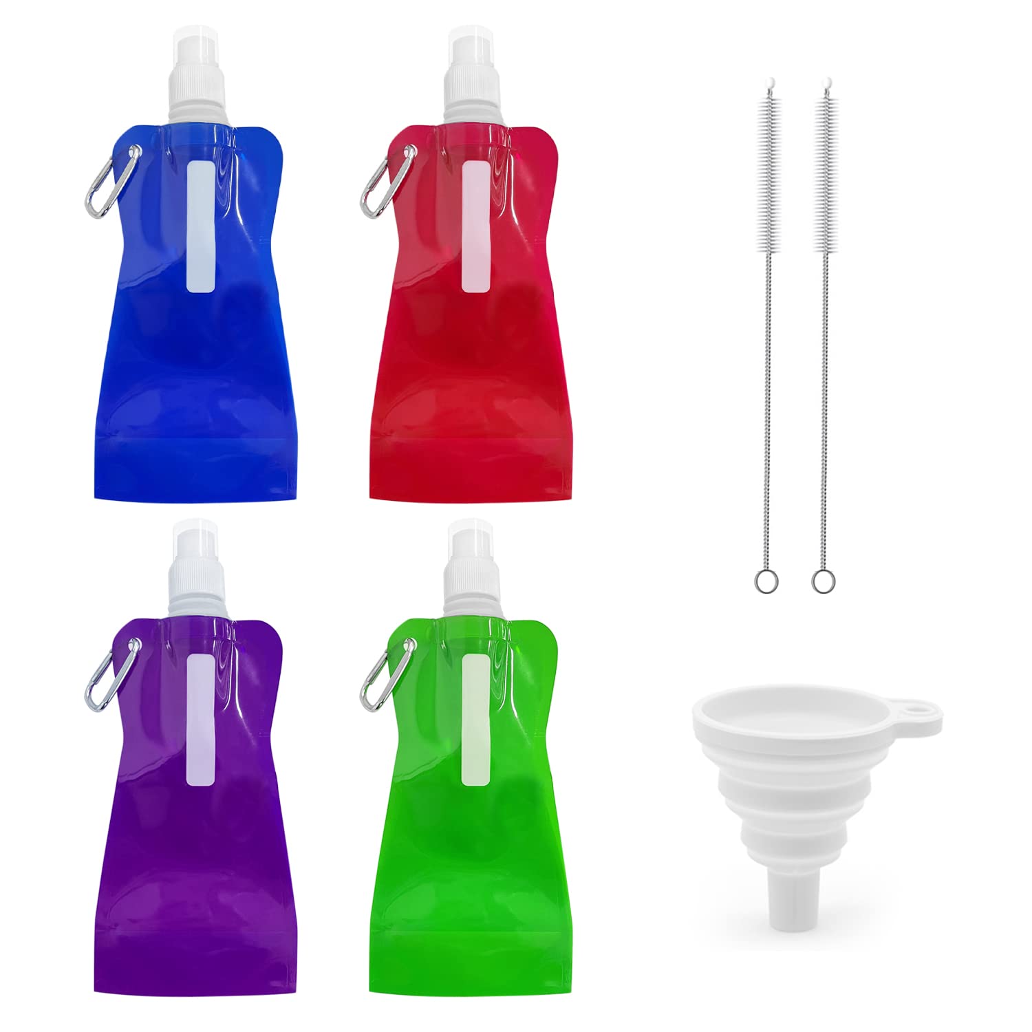 TIANNAIT 4 Folding Water Bottles, Colorful Sports Hydration Bag with Clip, with Funnel and Brush, Reusable Drink Bag, for Outdoor Sports, Cycling, Camping, Hiking, Travel