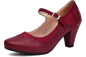 Elerhythm Women's Mary Jane Classic and Retro 1920s Pump Heels Oxford Pattern 1950s Pinup Vintage Round Closed Toe 1940s Ankl