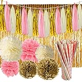 Paxcoo 97 Pcs Pink and Gold Party Supplies with Tassel Garland Paper Flower Pom Poms and Fringe Curtain for Baby Shower Girl 1st Birthday Decorations