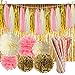 PAXCOO 97 Pcs Pink and Gold Party Supplies with Tassel Garland Paper Flower Pom Poms and Fringe Curtain for Baby Shower Girl 1st Birthday Decorations