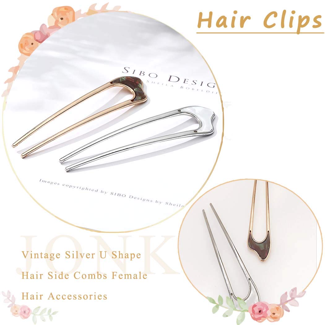 JONKY Vintage Silver U Shape Hair Side Combs Female Hair Accessories Topknot Non Slip Hair Pins Side Combs Hairstyle Unbreakable Decorative Combs Best Birthday Gifts for Women and Girls (Pack of 2) : Beauty