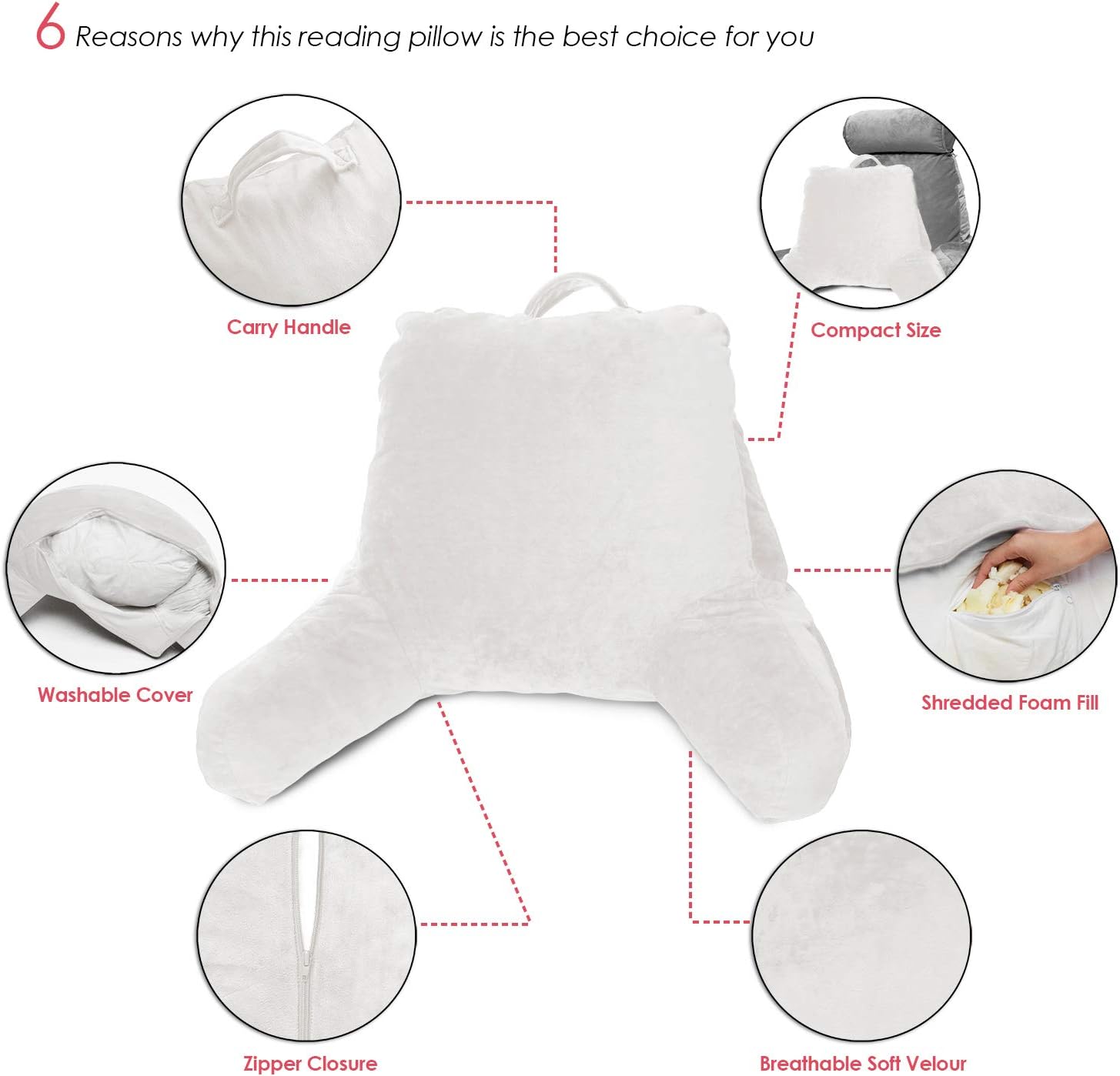 New & Improved Clara Clark Reading Pillow, Medium Bed Rest Pillow with Arms for Kids Teens & Adults – Premium Shredded Memory Foam TV Pillow - White: Home & Kitchen