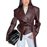 RISCUYY Leather Jacket Women Vintage Style Motorcycle Bomber Blazers Long Sleeve Waist Belt Faux Leather Biker Jacket Women