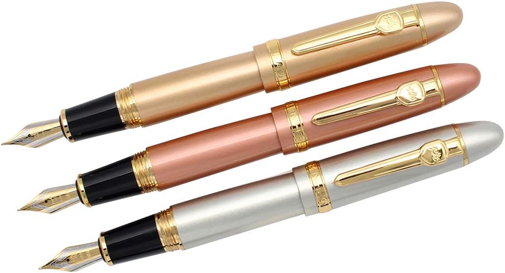 Zoohot 3 PCS Jinhao 159 Fountain Pens Medium Golden Trim Big Heavy Pen & Refill Ink Converter Business Signature Gift Collection Pen (rose gold