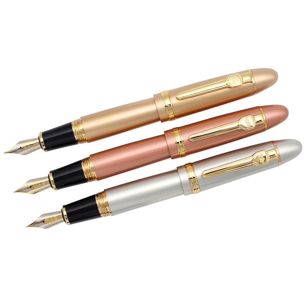 Zoohot 3 PCS Jinhao 159 Fountain Pens Medium Golden Trim Big Heavy Pen & Refill Ink Converter Business Signature Gift Collection Pen (rose gold, gold, silver)