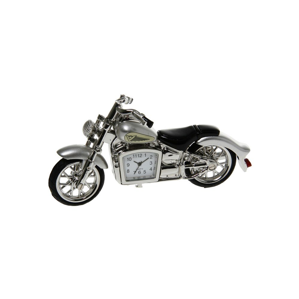 MINIATURE SILVER CLASSIC MOTORBIKE NOVELTY QUARTZ CLOCK BOXED