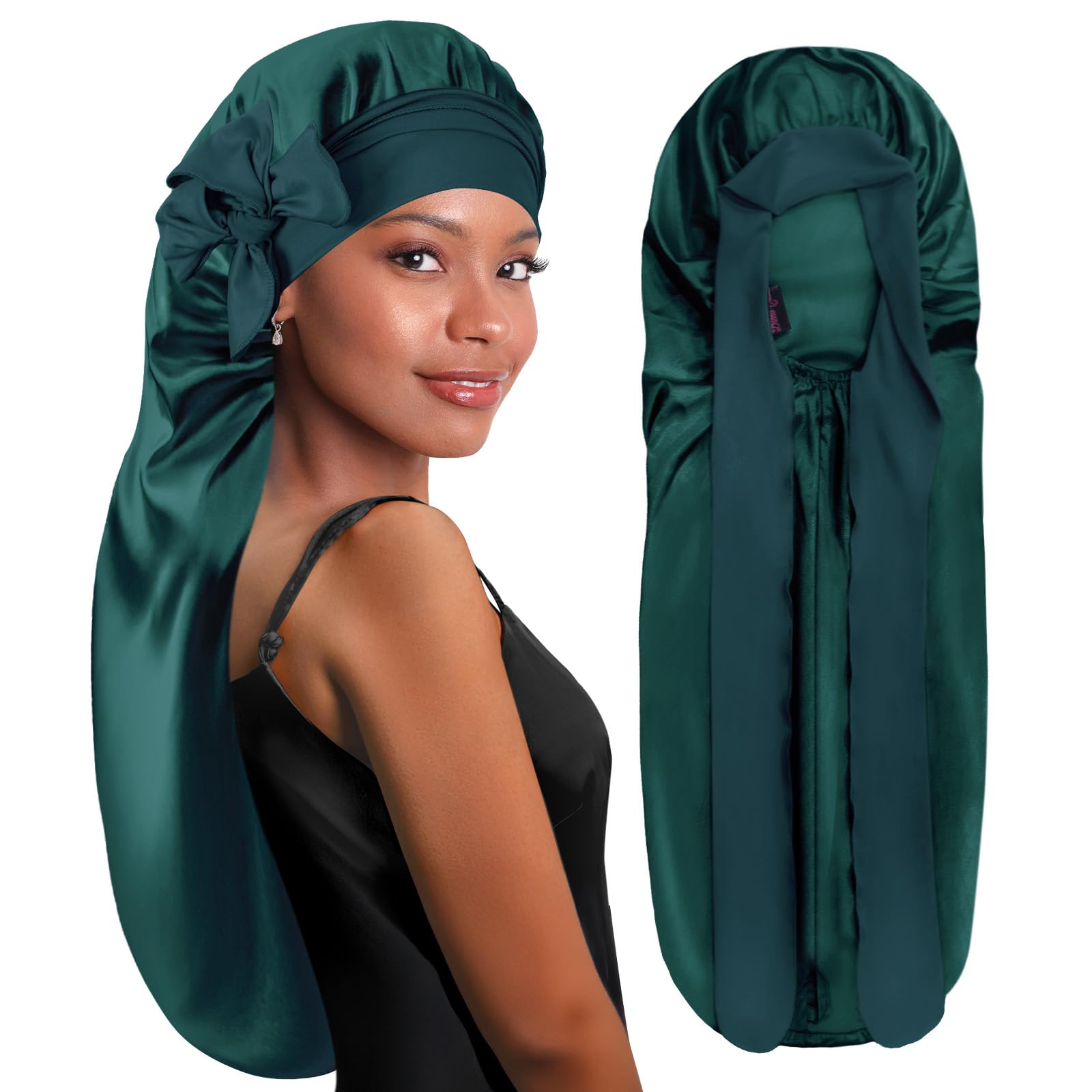 BONNET QUEEN Silk Bonnet for Sleeping Long Hair & Braids Extensions Hair, Satin Long Bonnet for Women, Adjustable Silk Scarf Night Cap with Tie Band, Dark Green — image 1