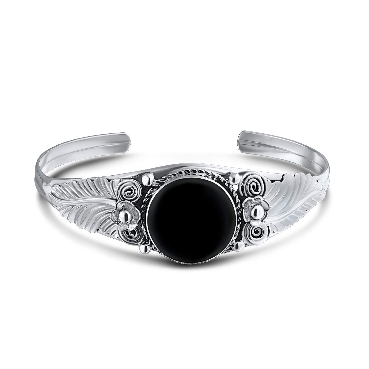 Bling Jewelry Nature Leaf American Indian South Western Navajo Style Flowers Round Cabochon Statement Black Onyx Wide Cuff Bracelet For Women .925 Sterling Silver