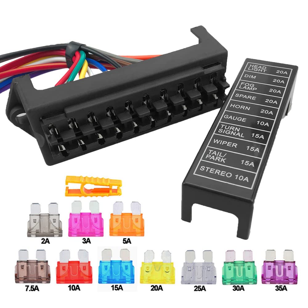 Aiqeer 10 Way Car Blade Fuse Box, 2 Input 10 Output Standard Blade Fuse Holder, Car Blade Fuse Block Pre-Wired, and 10 Pcs Free Standard Blade Fuses (12V / 24V / 32V / 48V Universal)