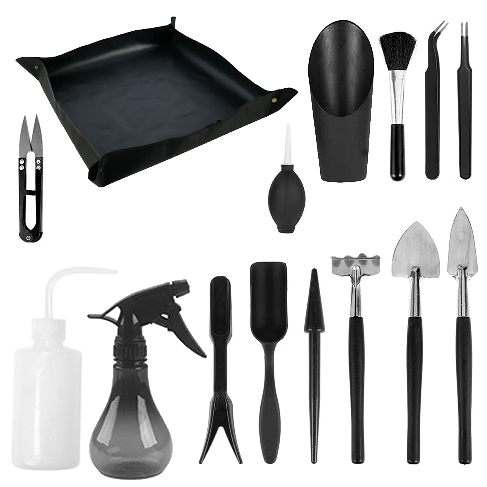 Succulent Tool Kit,14pcs Mini Garden Hand Tools + 1 Plant Repotting Mat,Houseplant Rake Gardening Hand Tools,Pot Flower Gadget for Transplanting Seedlings Outdoor,Black