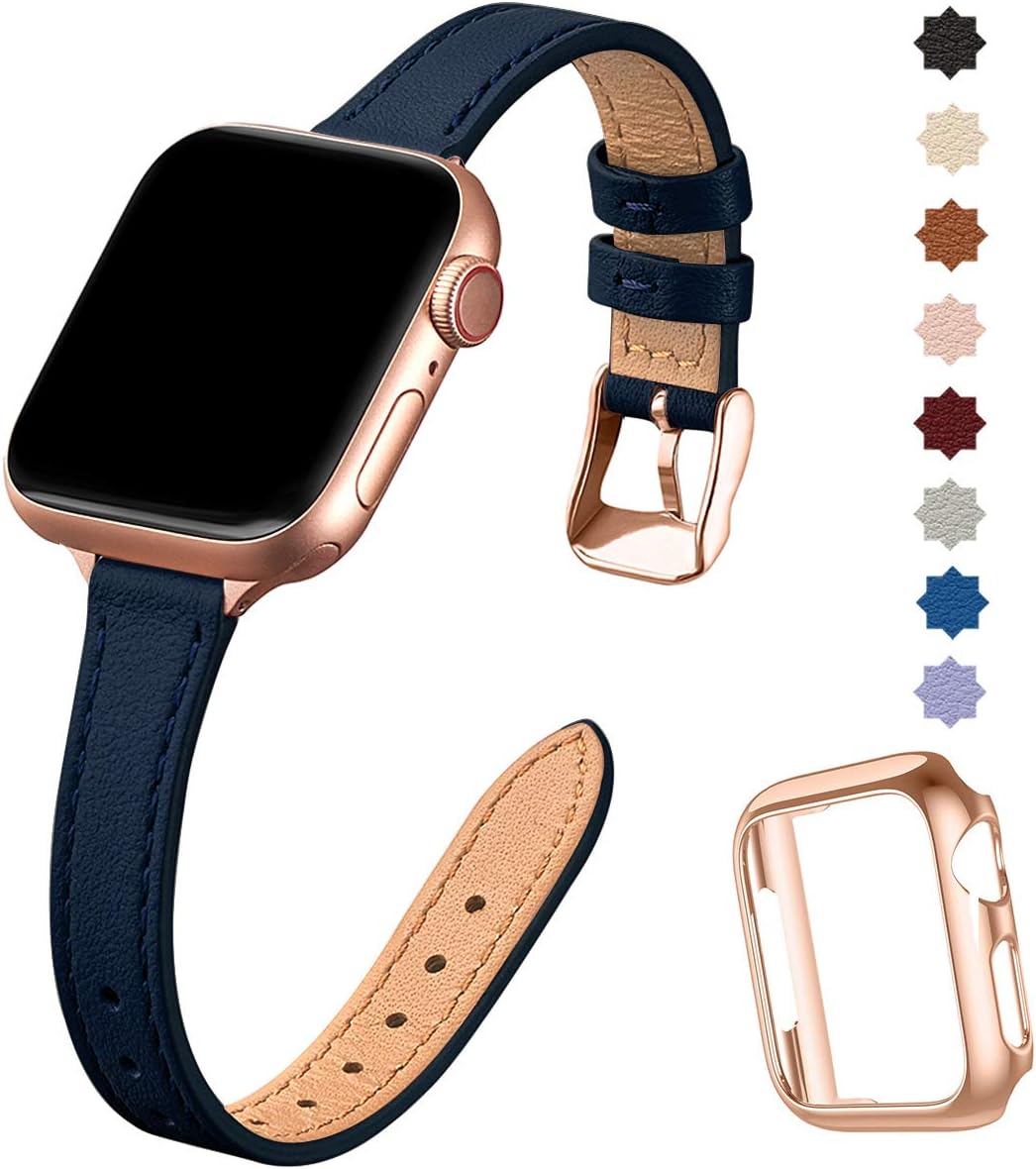 SUNFWR Compatible with Apple Watch Strap 42mm 44mm 45mm,Genuine Leather Strap Replacement,Slim&Thin Wristband for iwatch Series 7/6/5/4/3/2/1,SE(42mm 44mm 45mm,Dark blue&Rosegold)