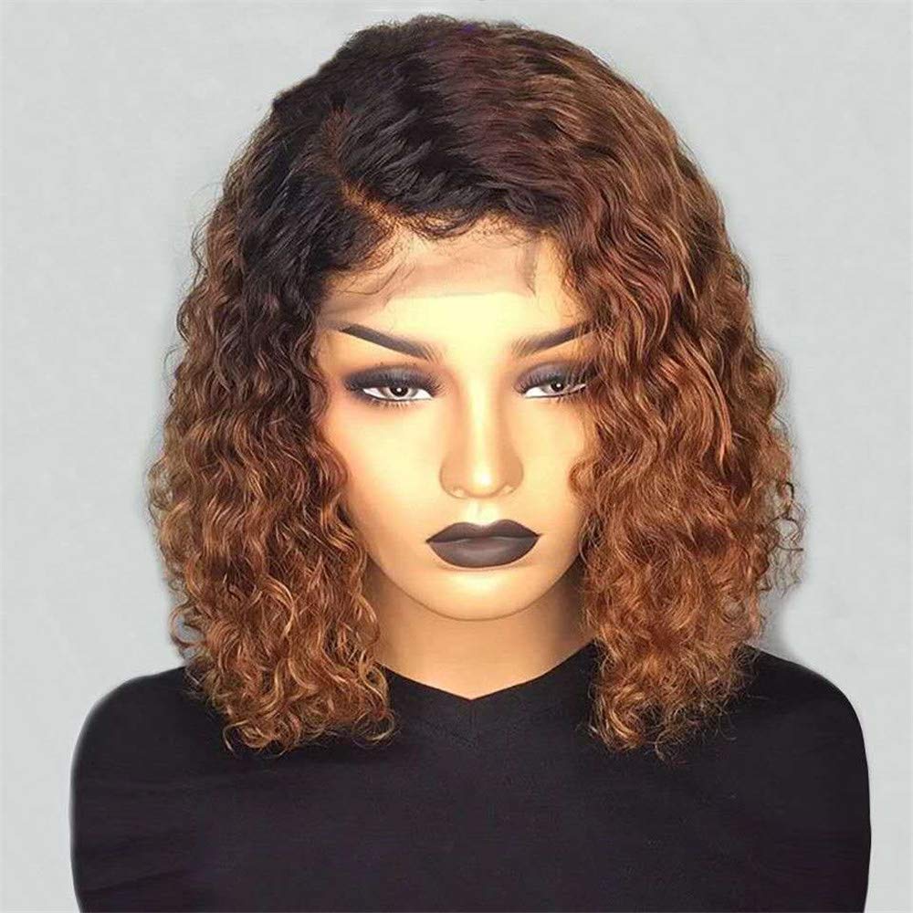 Pre Plucked Ombre Brown Curly Wave Human Hair Lace Front Wigs with Baby Hair for Women 10A Grade Brazilian Virgin Side Part 13X4 Lace Frontal Wig 150% Density 14 Inch 1B27 Color