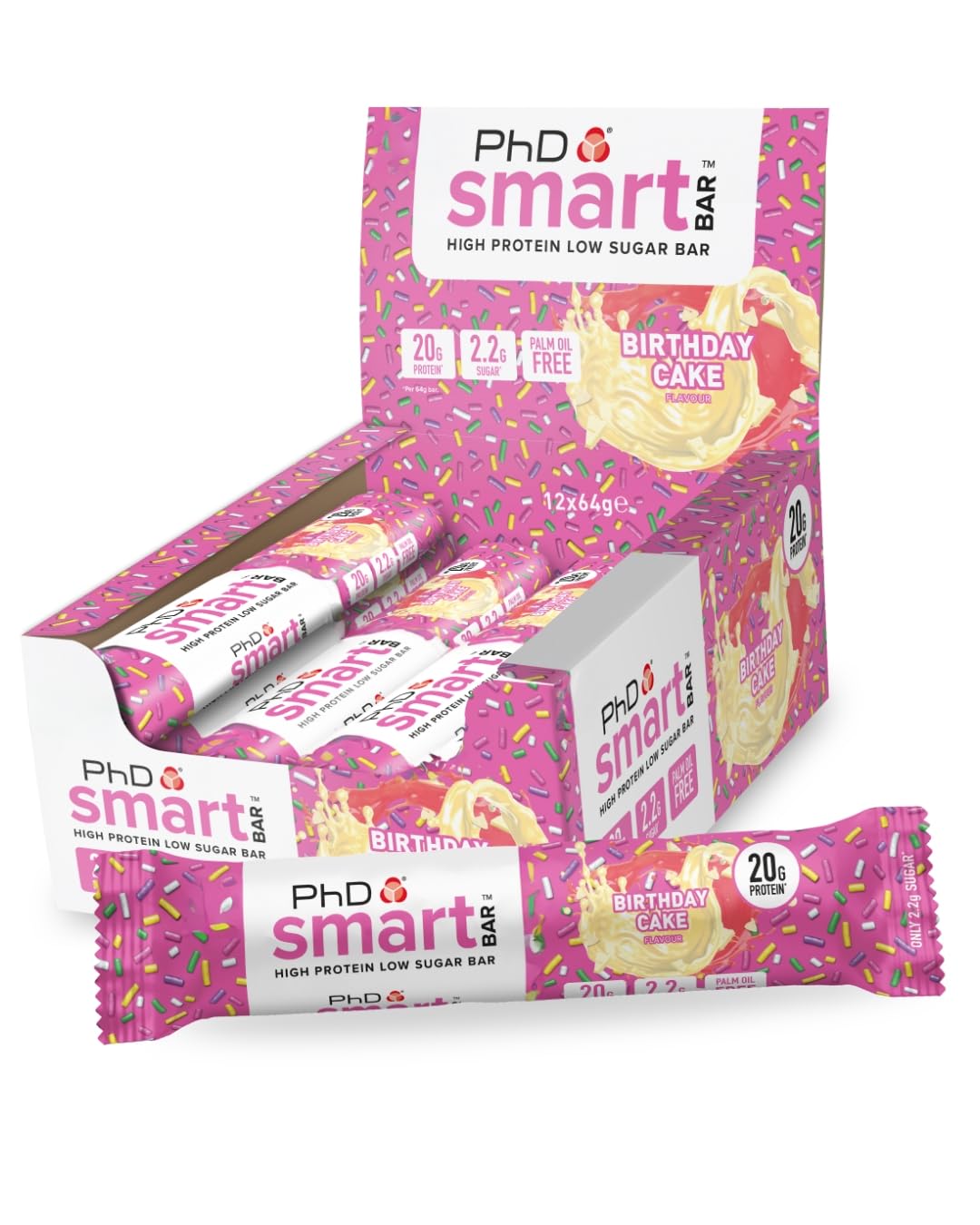 PhD Nutrition Smart Protein Bar Low Calorie, Nutritional Protein Bars/Protein Snacks, High Protein Low Sugar, Birthday Cake Flavour, 20g of Protein, 64g Bar (12 Pack)