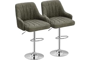 VECELO Bar Stools Set of 2, Adjustable Barstools, Counter Height Stools with Back and Arm, Kitchen Island Stools, Swivel PU Leather Chairs for Pub, Dining Room, Modern Style, Dark Grey