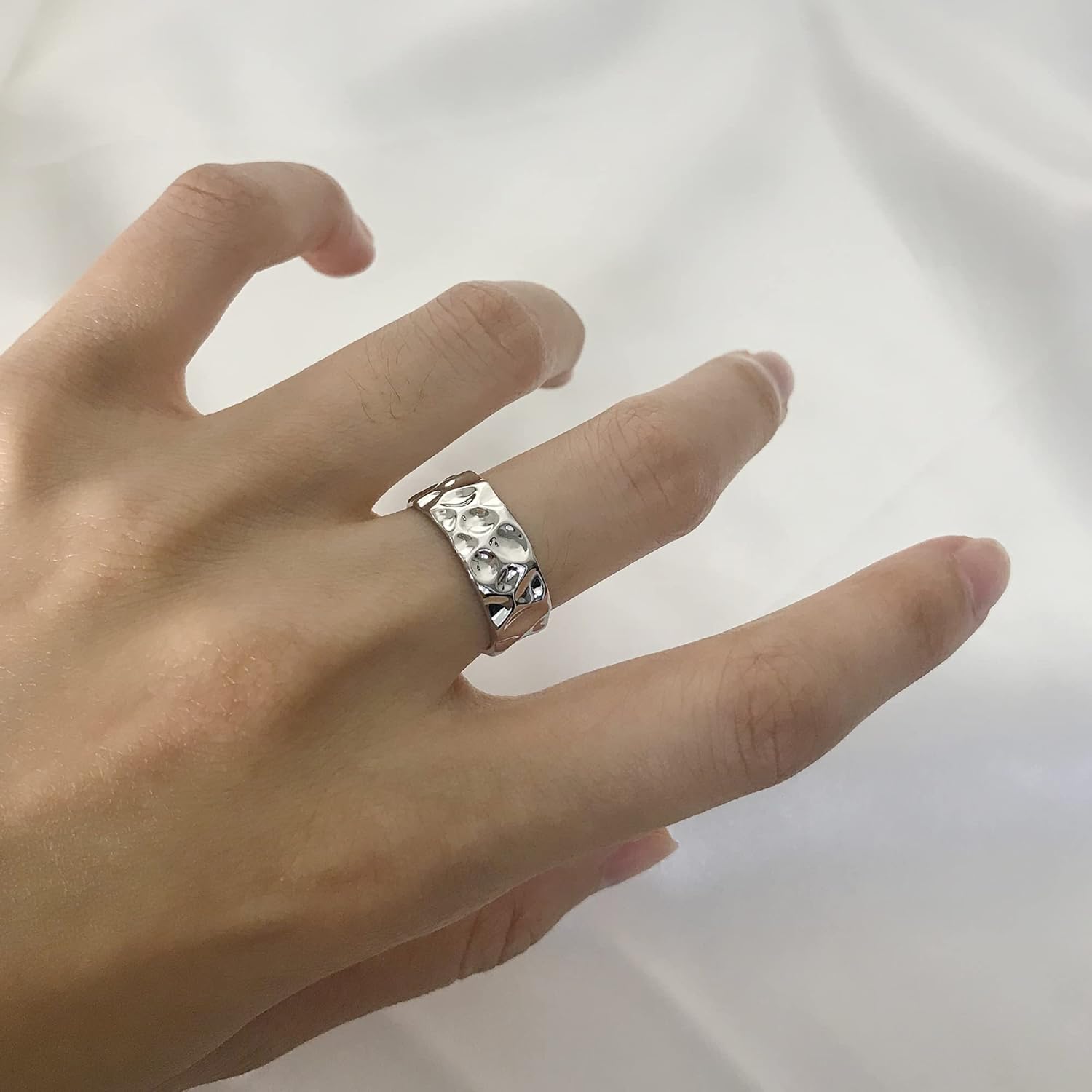 Kakikaki Sterling Silver Handmade Hammered Wide Ring Textured Statement Band Rings for Women: Clothing