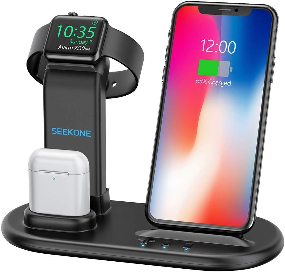 SEEKONE Wireless Charger 3 in 1 Wireless Charging Stand Dock Station for AirPods 1/2 and Watches 1/2/3/4, Qi Fast Wireless Charger Compatible with iPhone X/XS/XS Max/XR/8/8 Plus/Samsung Galaxy S10/S9