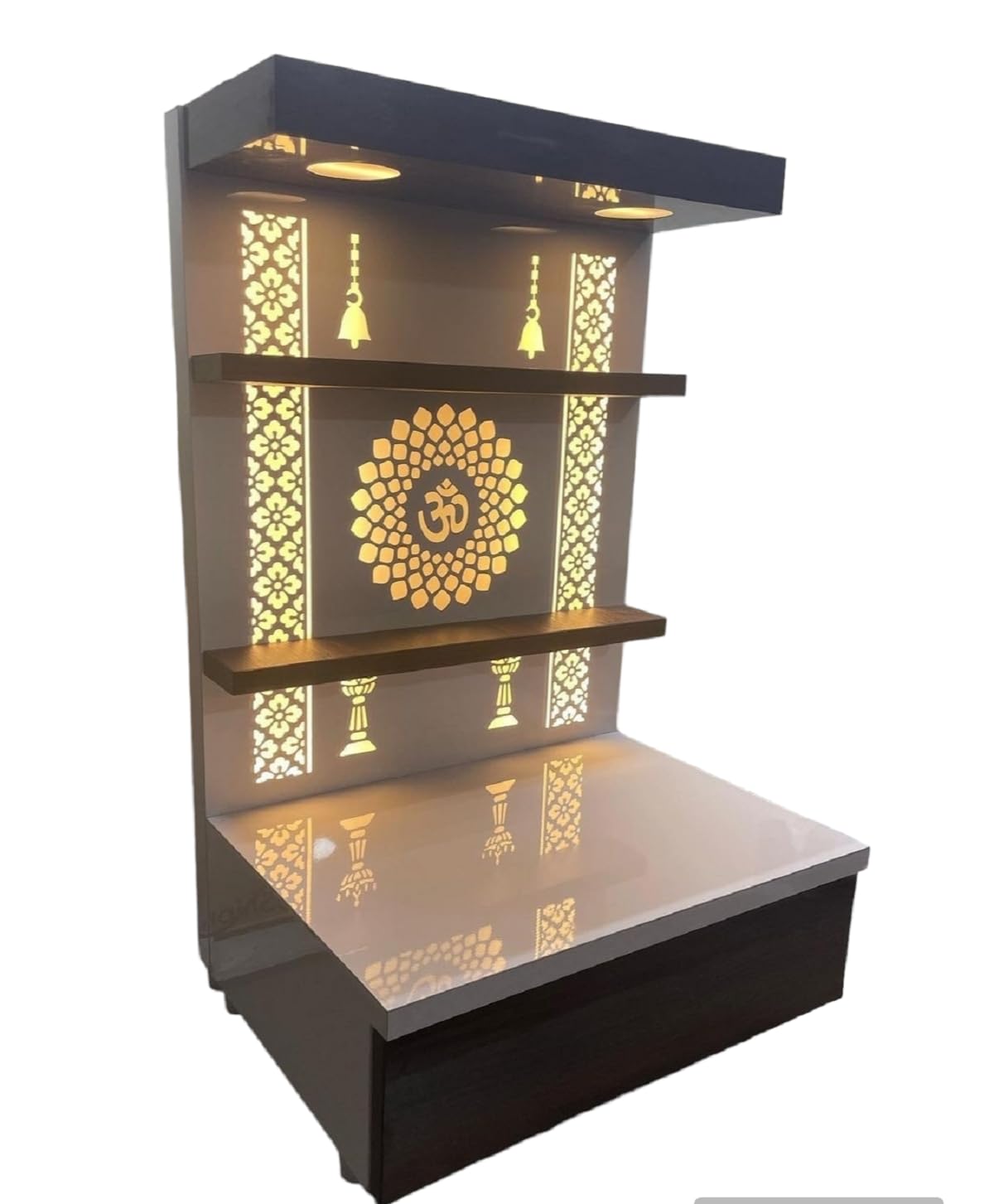 Photo 1 of Royal Kurta Wooden Temple with LED Light for Home & Office | Pooja Mandir - White & Brown (24X16X12 HXWXL)