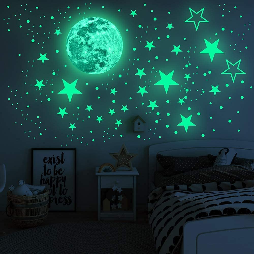 Alnicov 435Pcs Green Luminous Dots Stars,Glowing in The Dark Stars Sticker, Moon Stars Dots in Wall Decals for Bedroom Living Room Birthday Christmas Decoration