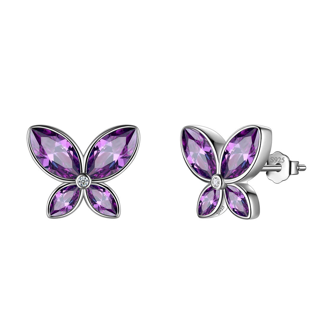 Purple Butterfly Studs Earrings Women 925 Sterling Silver Animal Butterflies February Birthstone Amethyst Earring Stud Crystal Wedding Birthday Jewelry DE0229F