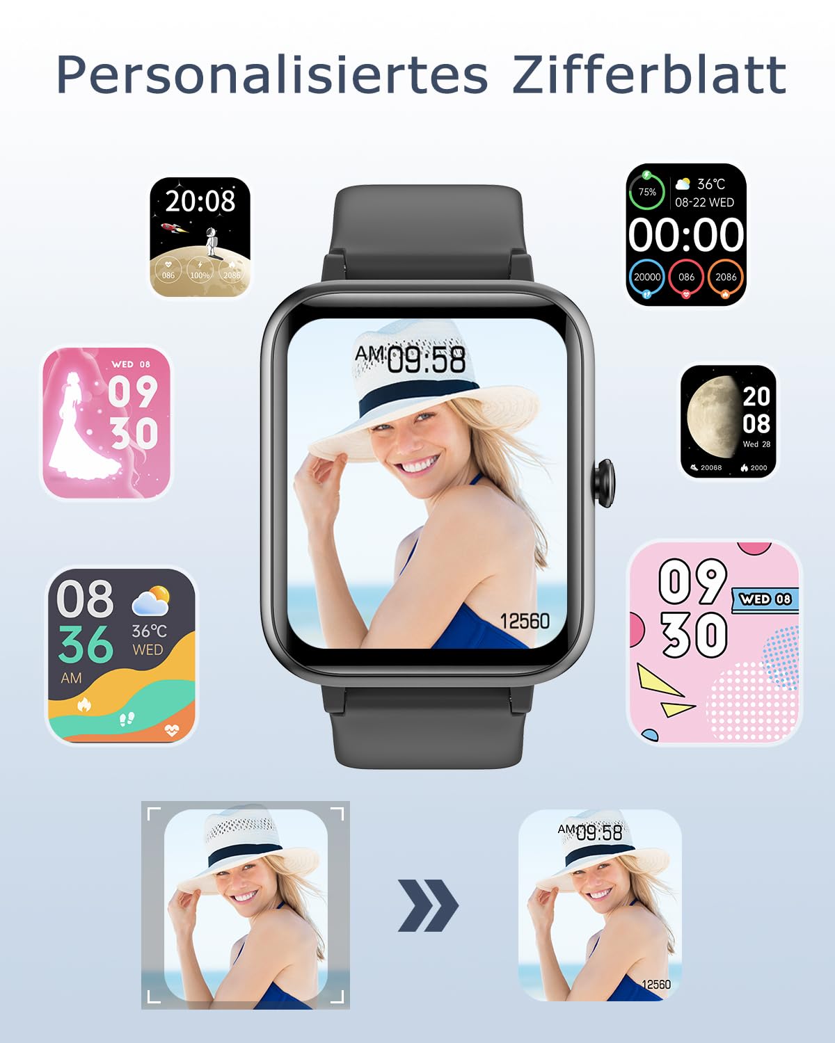 GRV Smartwatch Damen Herren mit Telefonfunktion,1.85" HD Fitnessuhr mit 24/7 SpO2 Herzfrequenz Schlafmonitor Schrittzähler KI-Sprachsteuerung 100+ Sportmodi,IP68 Wasserdicht für iOS Android Handy 6