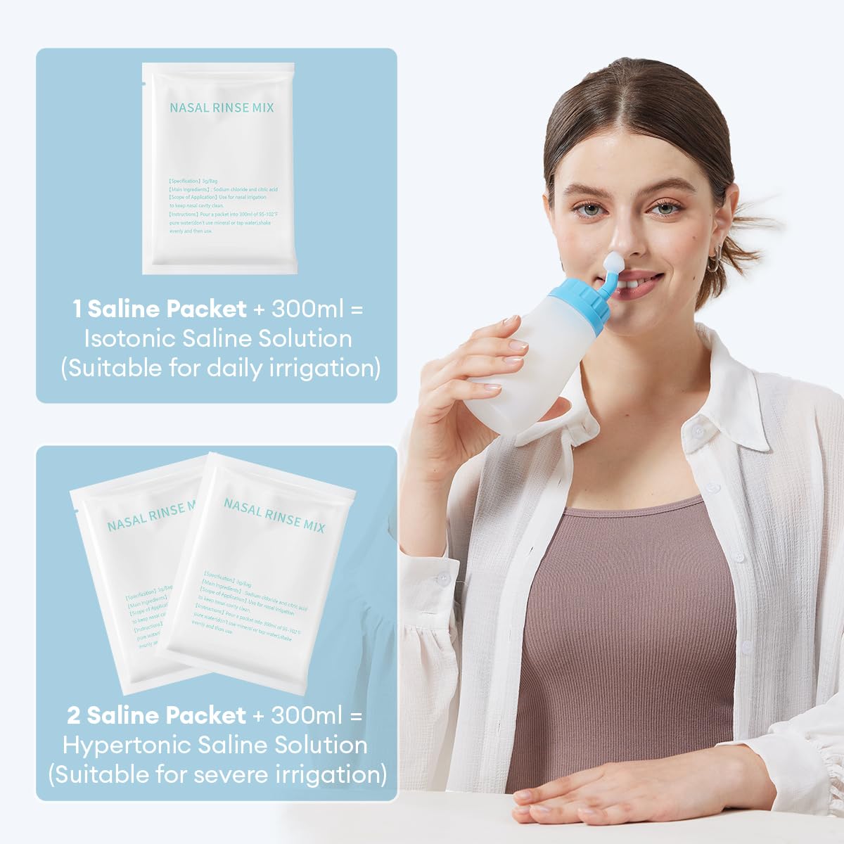 Neti Pot Sinus Rinse, Soft Tip Silicone Netting Pot for Sinus Squeeze Bottle, Nose Wash Cleaner Pressure Rinse with Sticker Thermometer for Adult & Kid 300ml with 30 Saline Packets（Blue）