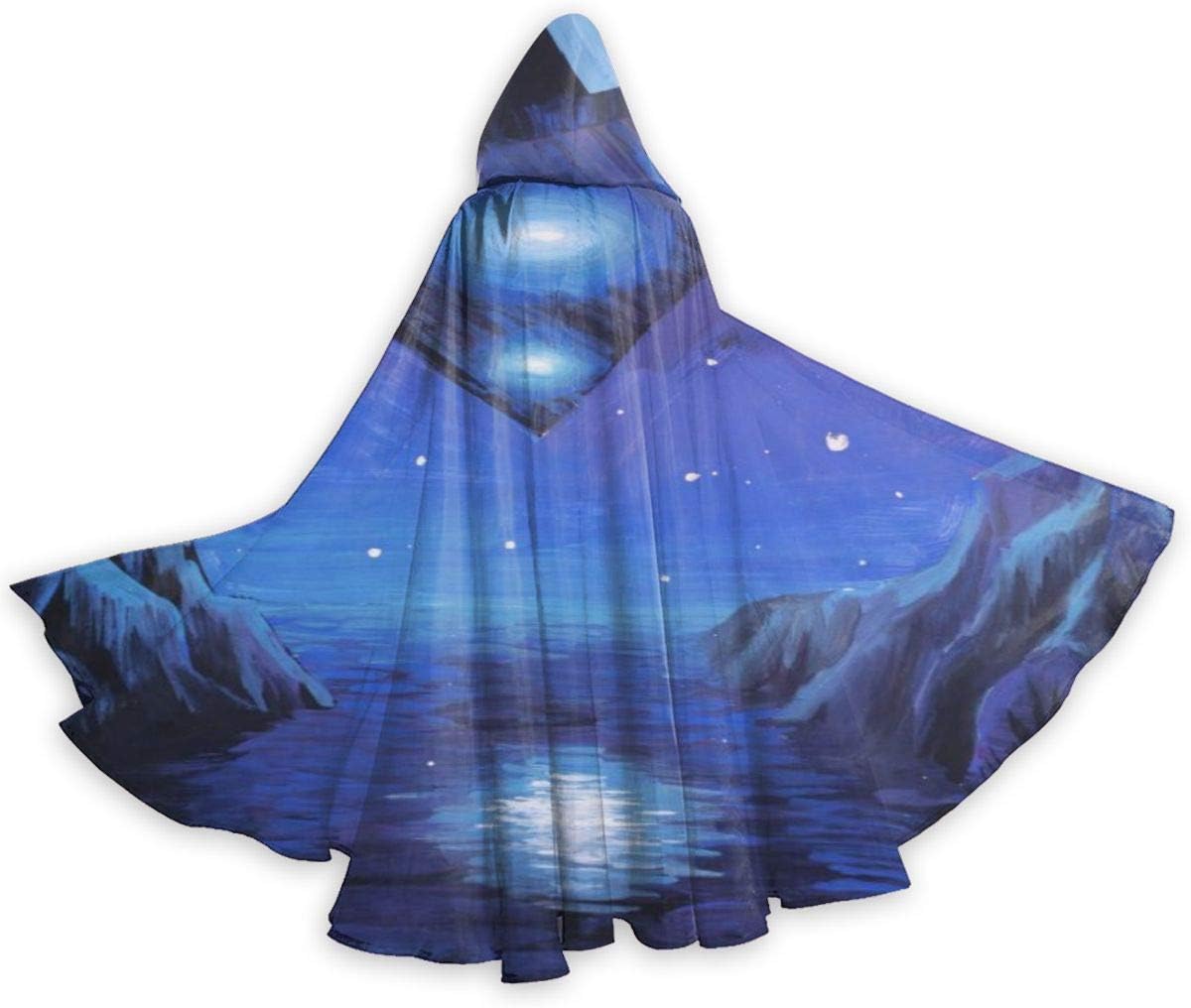 gardenia store Blue Triangular UFO Painting Halloween Cloak Fancy Hooded Cape with Drawstring Adult Cool Witch Robe Extra Long Party Cape