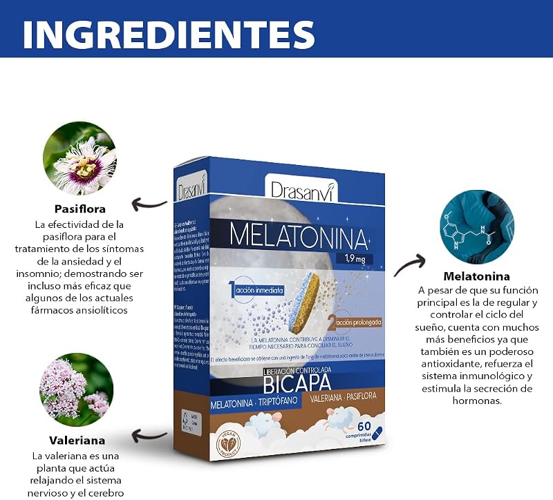Melatonina Bicapa de 1,9 mg con Triptófano, Pasiflora y Valeriana | Doble Acción |Contribuye a Conciliar el Sueño de manera rápida y a una Relajación Natural | Envase 60 comp. = 60 Días