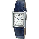 Peugeot Women's Silver-Tone Tank Shape Leather Dress Watch with Roman Numerals, Blue