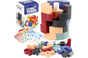 Looguagun 3D Cubic Tower Puzzle for Kids, STEM Block Puzzle Cube Montessori Educational Toys Desktop Block Games for Kids 5+, with 15 Blocks & 40 Challenge Cards Black