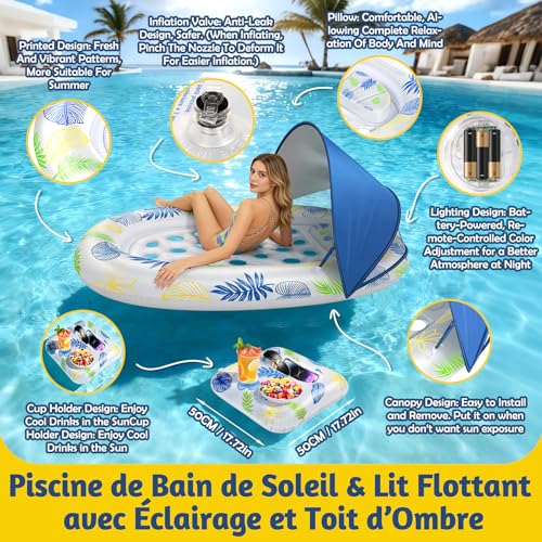 JONRRYIN Materassino Gonfiabile Piscina 180×110cm, Lettino Abbronzante per Adulti con Tettuccio Parasole Rimovibile ed Effetti Luminosi per Piscina, Spiaggia e Lago