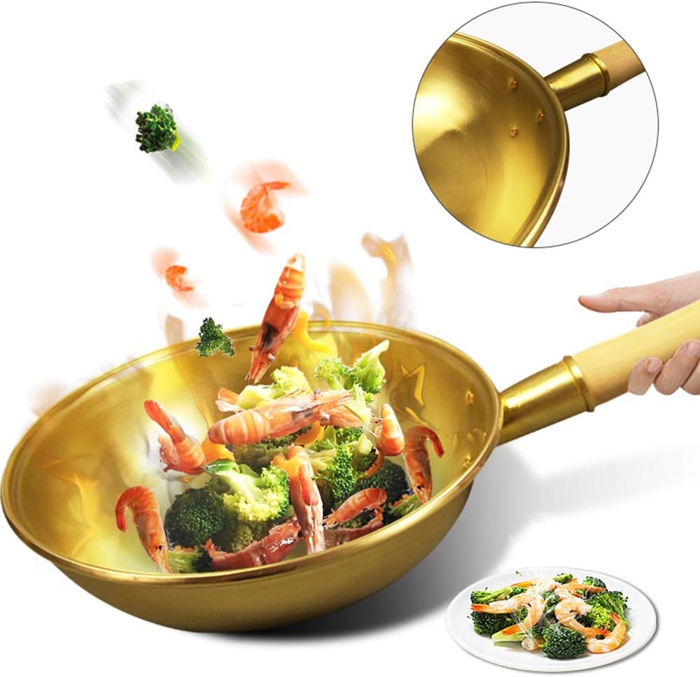 lijunjp Traditional Brass Pow Wok, Non-Stick Frying Pan with Wooden and Steel Helper Handle, Authentic Hand Hammered Wok, for Kitchen, Commercial, Camping