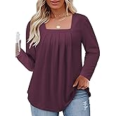 Womens-Plus-Size-Tops Dressy Pleated Square Neck Shirts Trendy Cute Long Sleeve Blouses Casual Loose Fit Tunics XL-5XL