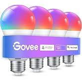 Govee Smart Light Bulbs, A19 Color Changing Light Bulb, 800 LM, E26 Base | Works with Matter, Alexa and Google Assistant, 16 Million Colors RGBWW, WiFi &amp; Bluetooth LED Light Bulbs, Music Sync, 4 Pack
