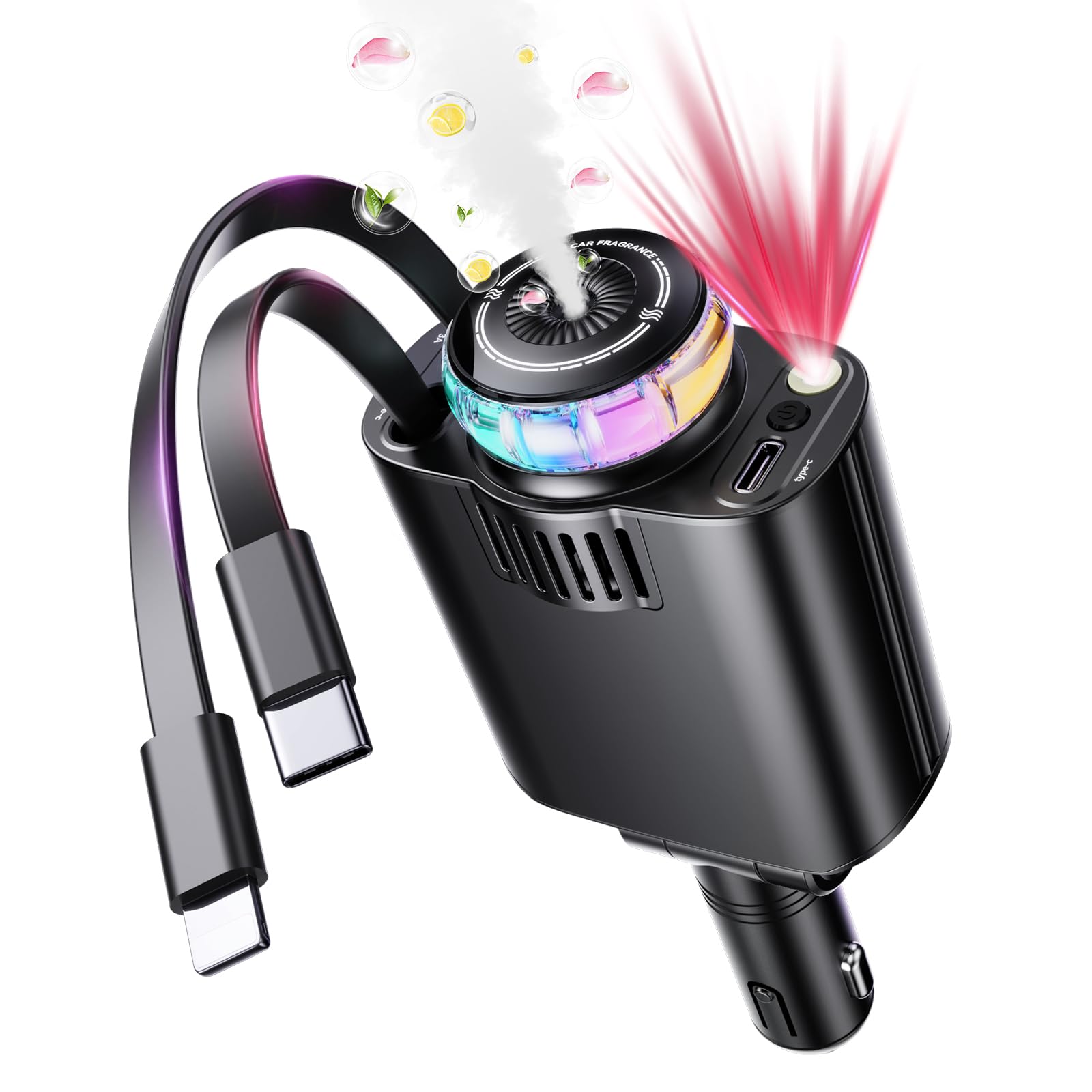 Photo 1 of Retractable Car Charger with Aromatherapy and Starlight, 5 in 1 USB C Car Charger Adapter, 69W Fast Charging Cars Phone Chargers, Cars Air Freshener Compatible with iPhone 16 15 14 13 12 and Android