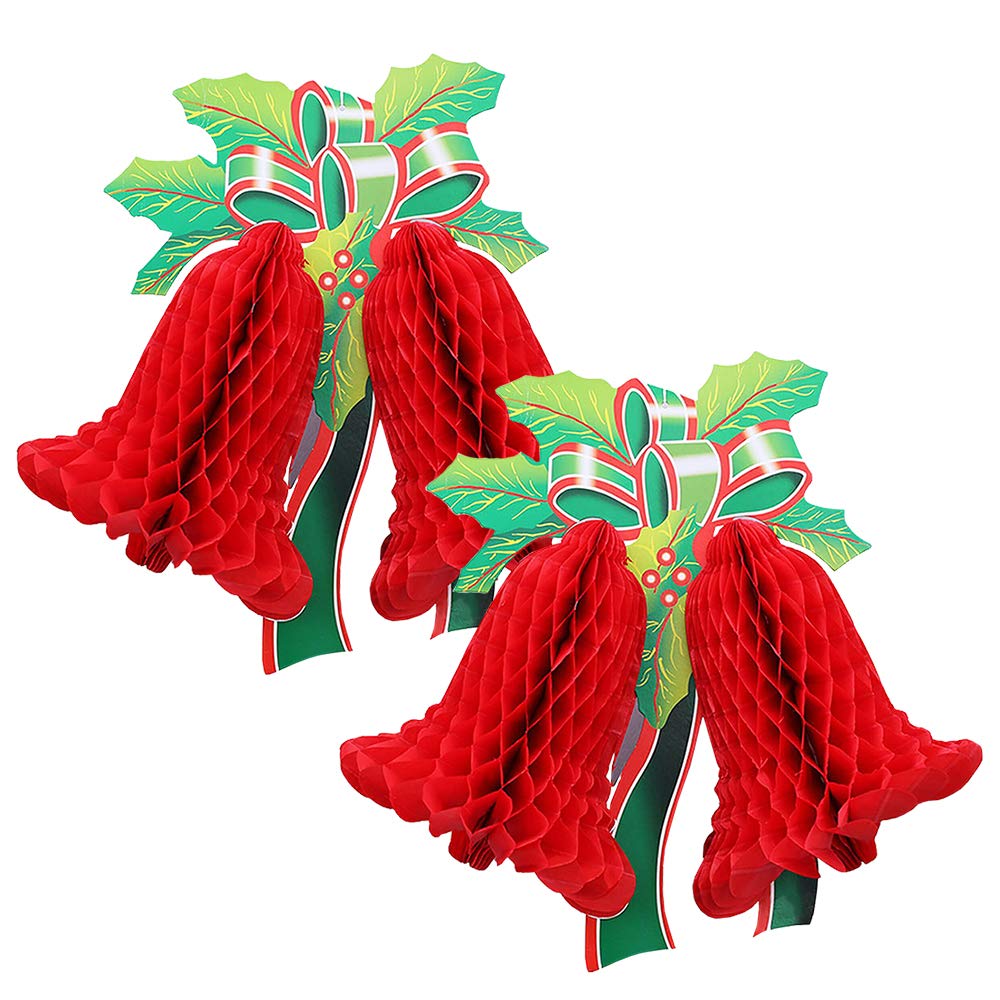 Honeycomb Christmas Decorations, Bell Hanging Paper Bells for Ceiling Wall Hanging Party Supplies Home Decor Photo Backdrop (2pc Red)