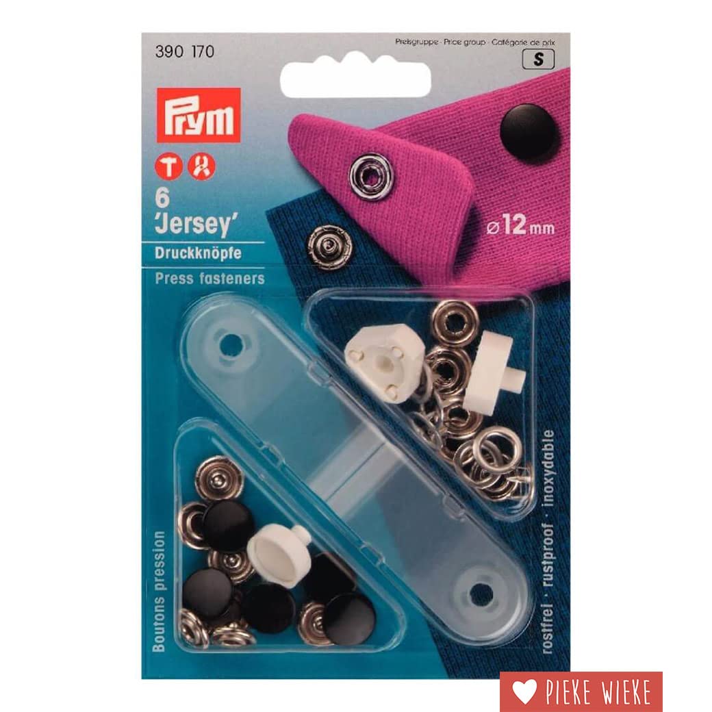 Prym 12 mm Jersey Non-Sew Press Fasteners with Smooth Cap, Pack of 6, Black