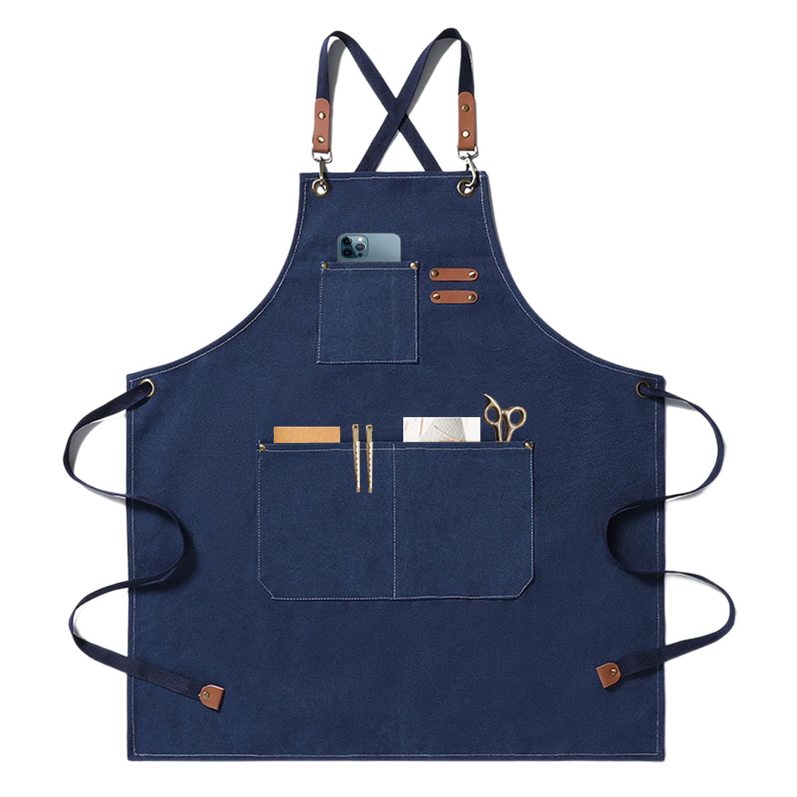 Gaf Nuncew Aprons for Men, Heavy Duty Canvas Work Apron with 3 Pockets & Adjustable Ties for BBQ, Gardening, Woodworking, Painting, Welding (Blue)