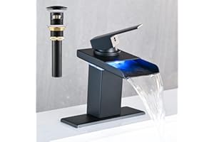 AVSIILE LED Bathroom Sink Faucet, Matte Black Waterfall Single Hole Handle RV Bath Vanity Faucets for Sinks 1 Hole with Metal Pop Up Drain and 2 Water Supply Lines, Stainless Steel Spout