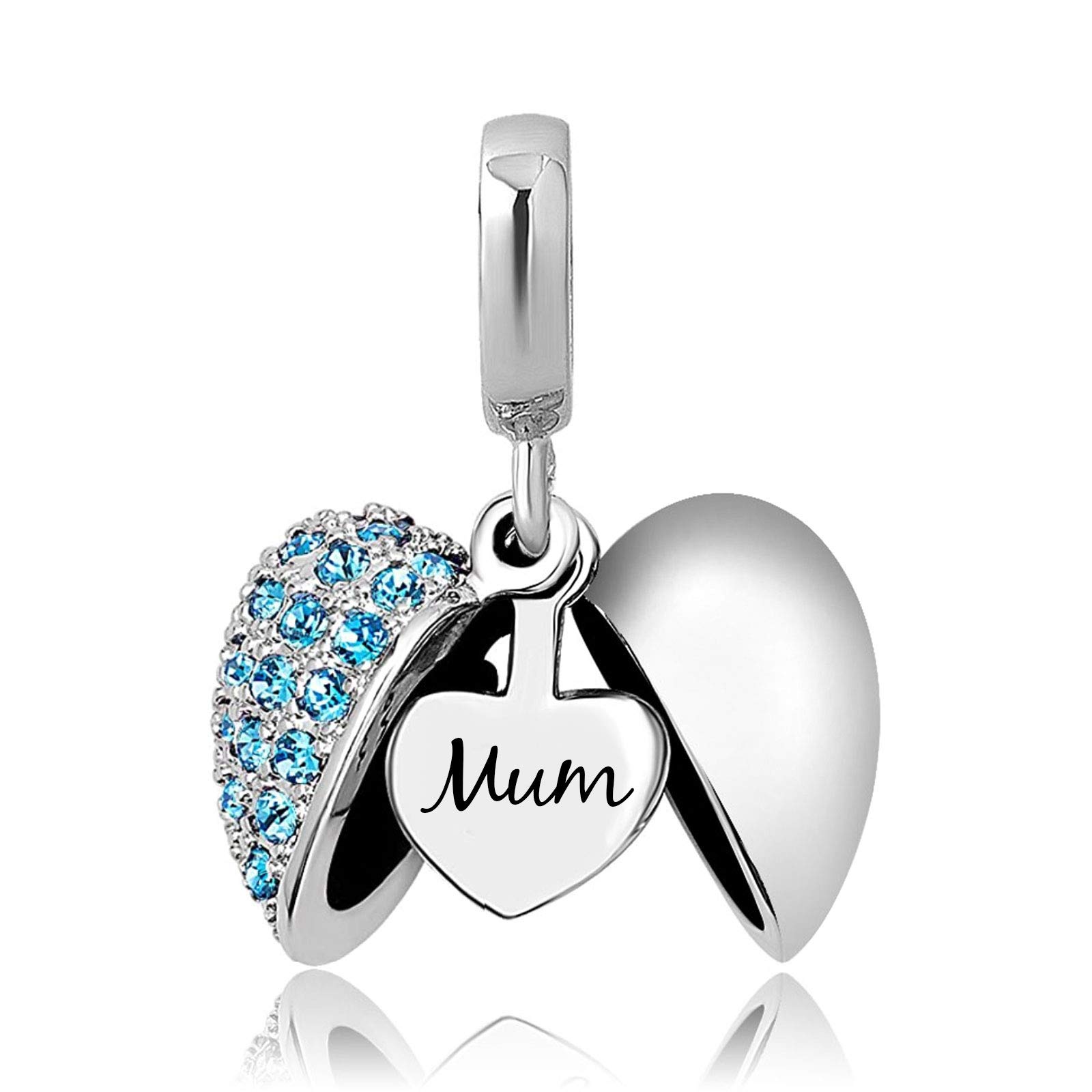 KunBead Jewelry Heart I Love You Mum Bead Charms Sale for Women Blue Crystal March Birthstone Charm for Bracelet