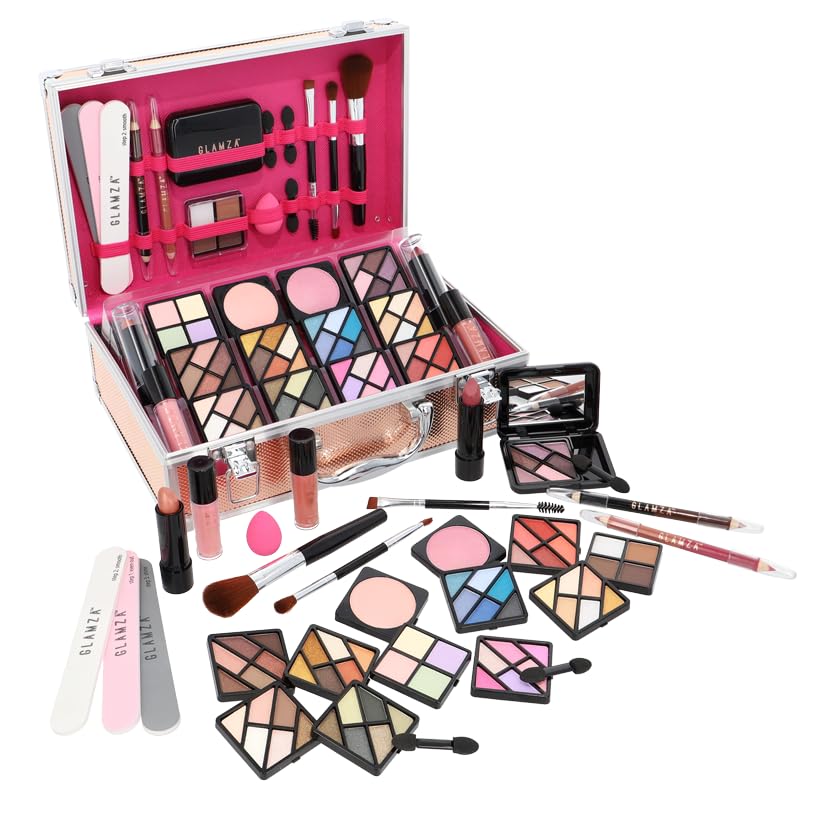 Glamza 84 Piece "Hot to Handle" Vegan Vanity Case - Full Aluminium Frame - Pink Lining - Premium Makeup Set with Eyeshadows, Brushes, Lip Gloss & More