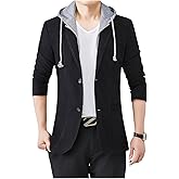 ebossy Men's Removeable Hoodie Blazer Jacket Single Breasted Slim Long Sleeve Cotton Coat