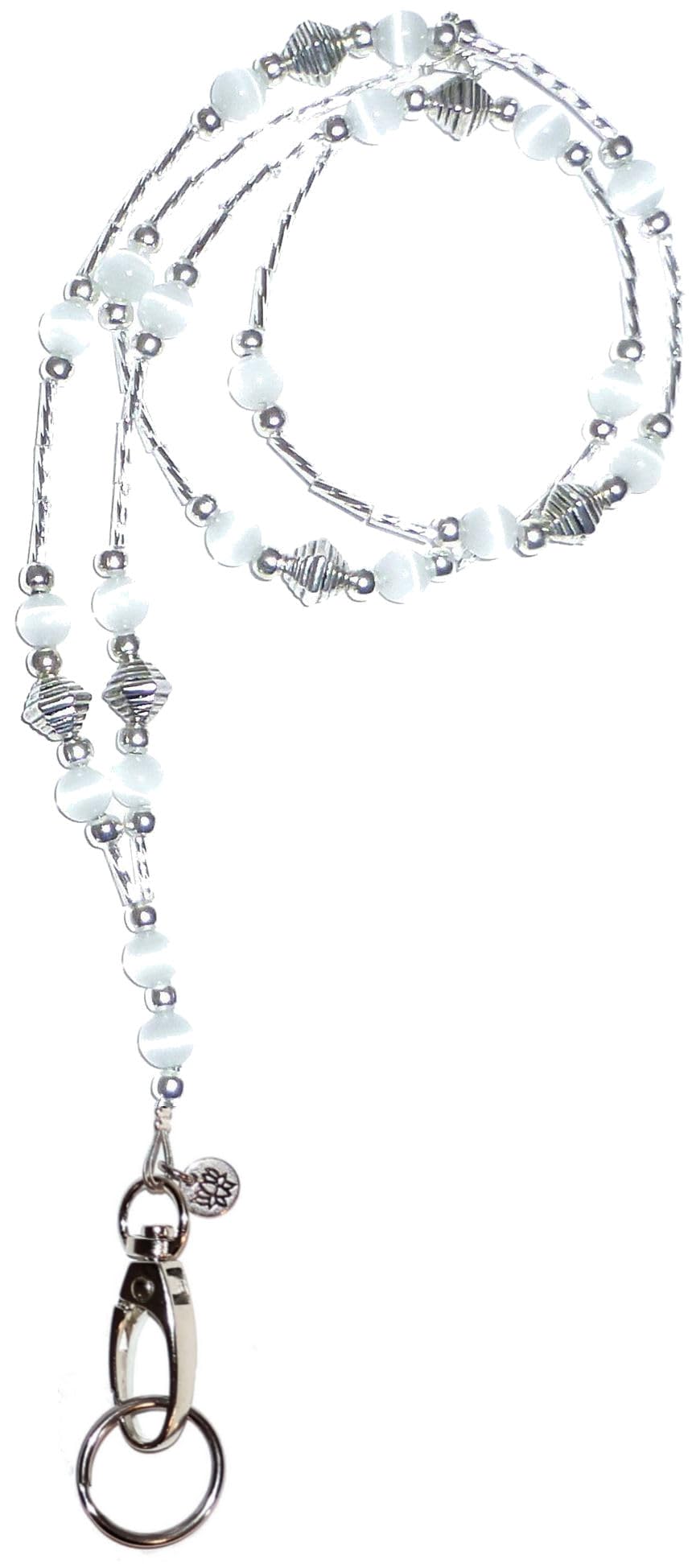 Hidden Hollow Beads Super Slim White Strong Breakaway Clasp Women's Lanyard, Beaded Badge ID Card Holder, Made in USA Teacher Cruise Key Keychain Phone