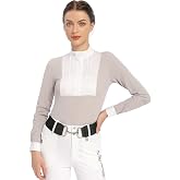 Harrison Howard Women's Equestrian Show Shirt, Long Sleeve Horse Riding Top | UPF 50+, Pleated Bib with Stand Collar, Hidden Zipper Magnetic Snap Closure Competition Riding Top w/ Embroidery