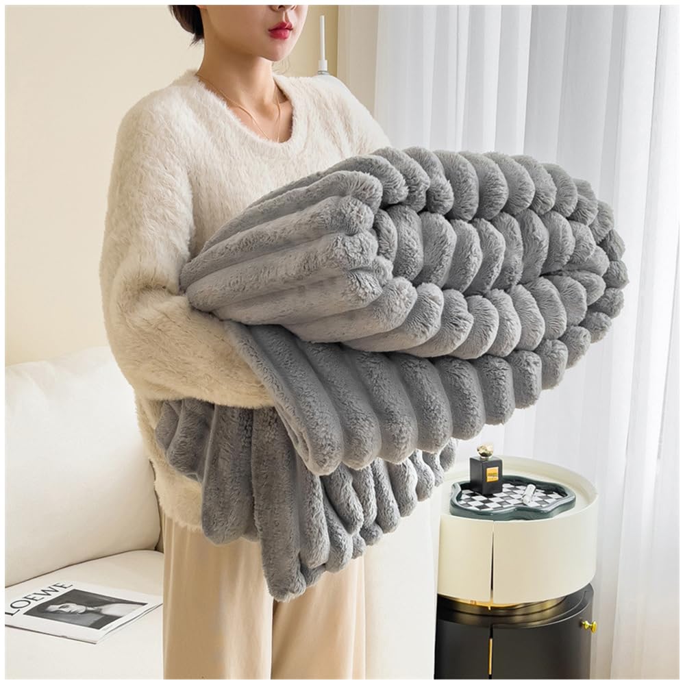 NUODWELL Soft Fluffy Throw Blanket, Super Cozy and Warm Fleece Blanket Rabbit Plush Double Thickness Blanket for Bed Sofa Couch Chair (Silver Grey, 200 * 230cm)