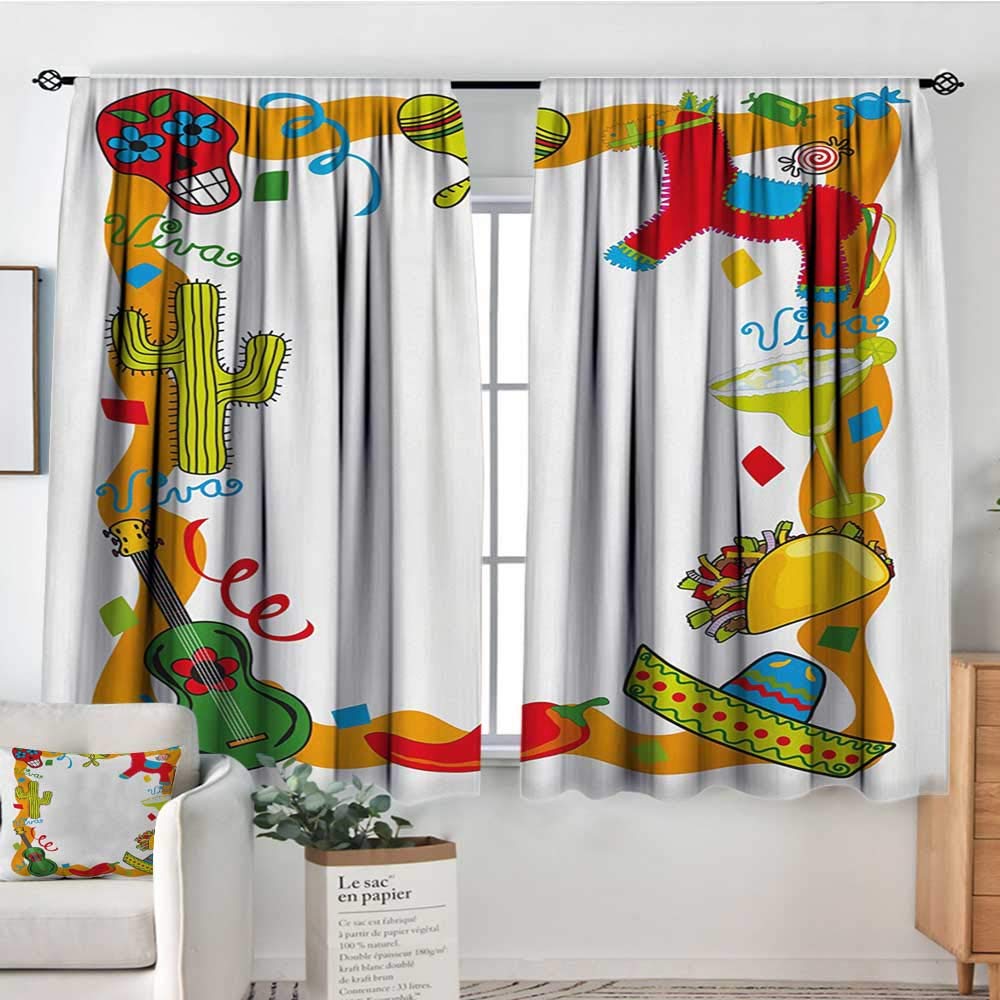 All of better Fiesta Custom Curtains Cartoon Drawing Style Mexican Pinata Taco Chili Pepper Sugar Skull Pattern Guitar Patterned Drape for Glass Door 55 W x 39 L Multicolor